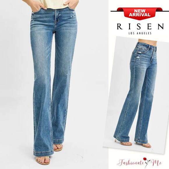 RISEN High Rise Distressed Detail Zipper Fly Medium Washed Bootcut Denim Jeans - Picture 1 of 6
